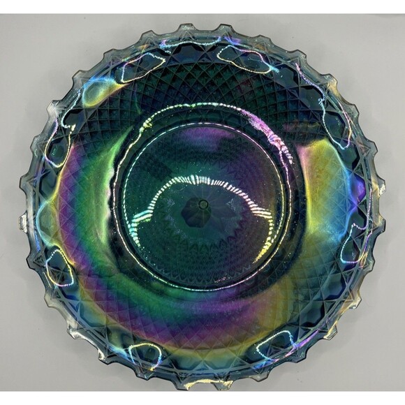 Indiana Glass Other - Vintage Indiana Glass Blue Iridescent Carnival Diamond Cut Ruffled Plate 10"